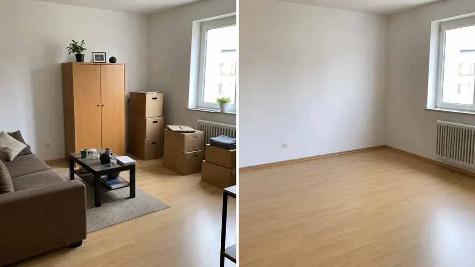 Wohnzimmer vor und nach einer Entrümpelung als beispielhafte Darstellung