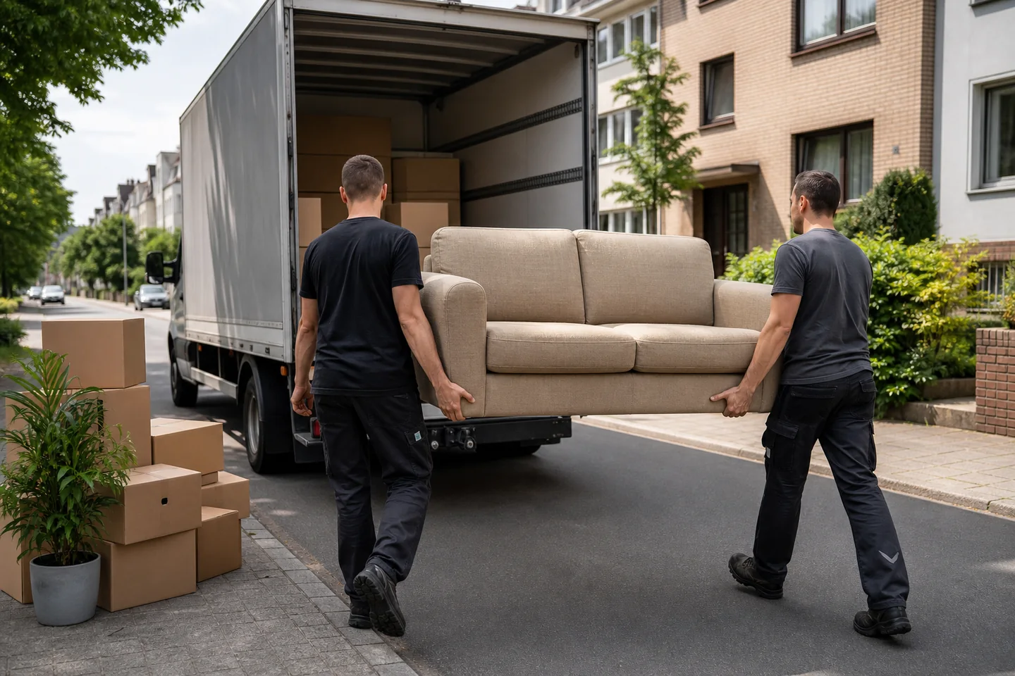 Zwei Mitarbeiter tragen ein Sofa zu einem Möbelwagen.