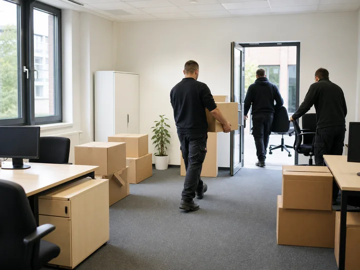 Büromöbel und Kartons werden aus einem Gewerberaum getragen.