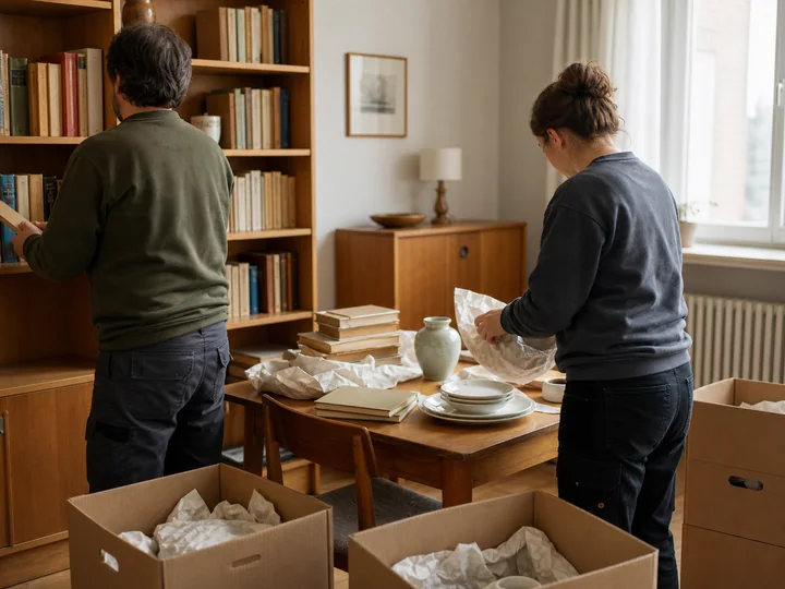 Gegenstände eines Haushalts werden behutsam sortiert und verpackt.