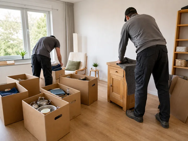 Hausrat wird in einer Wohnung sortiert und verpackt.