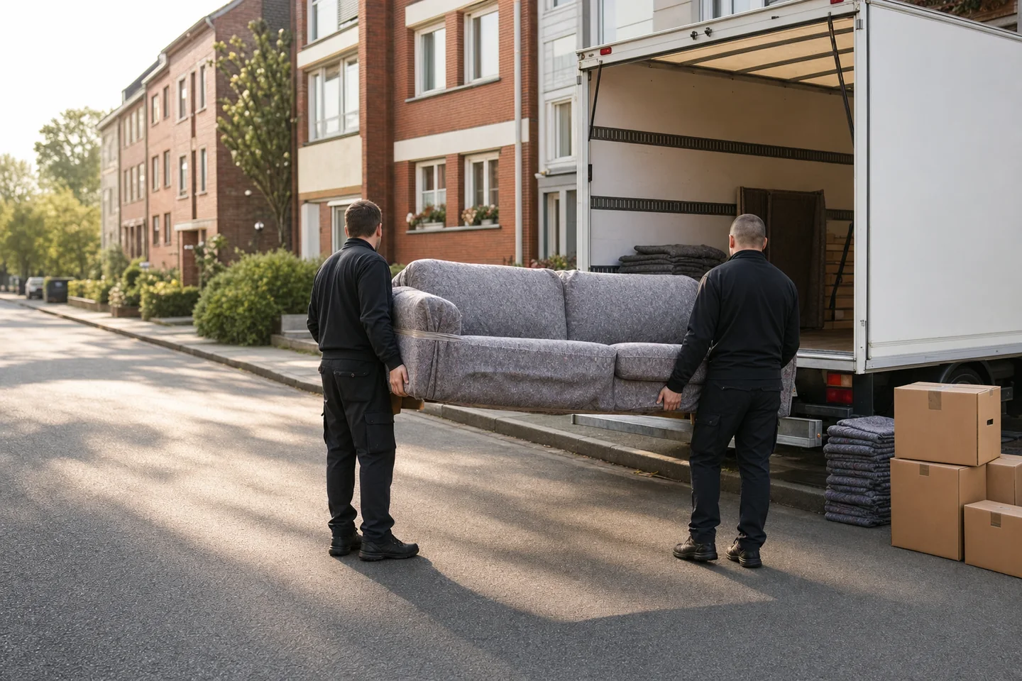 Zwei Möbelpacker tragen ein geschütztes Sofa zu einem Möbelwagen.