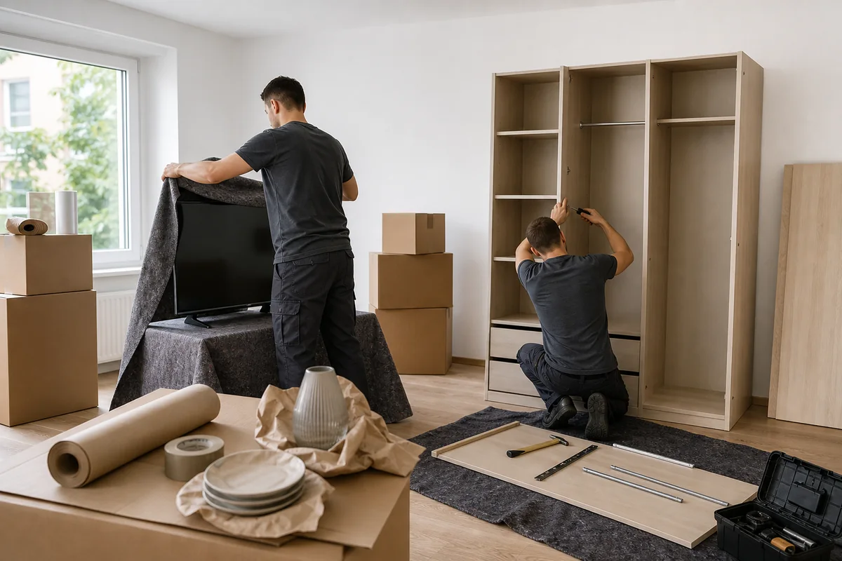 Möbelpacker schützen einen Fernseher und montieren einen Kleiderschrank.