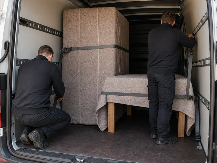 Möbel werden mit Schutzdecken und Gurten im Transporter gesichert.