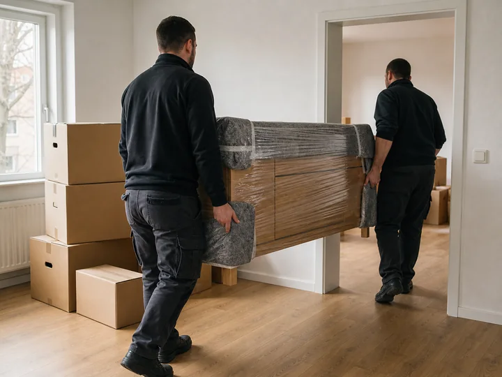 Zwei Möbelpacker tragen ein geschütztes Sideboard durch eine Wohnung.