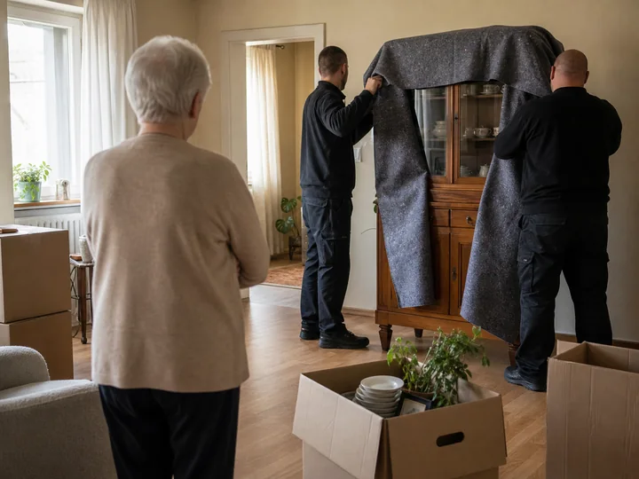 Ein Schrank wird bei einem Seniorenumzug sorgfältig geschützt.