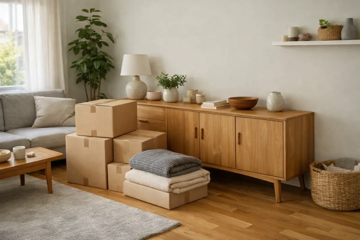 Ordentlich vorbereiteter Wohnraum mit Kartons als Beispielvisualisierung für eine Haushaltsauflösung