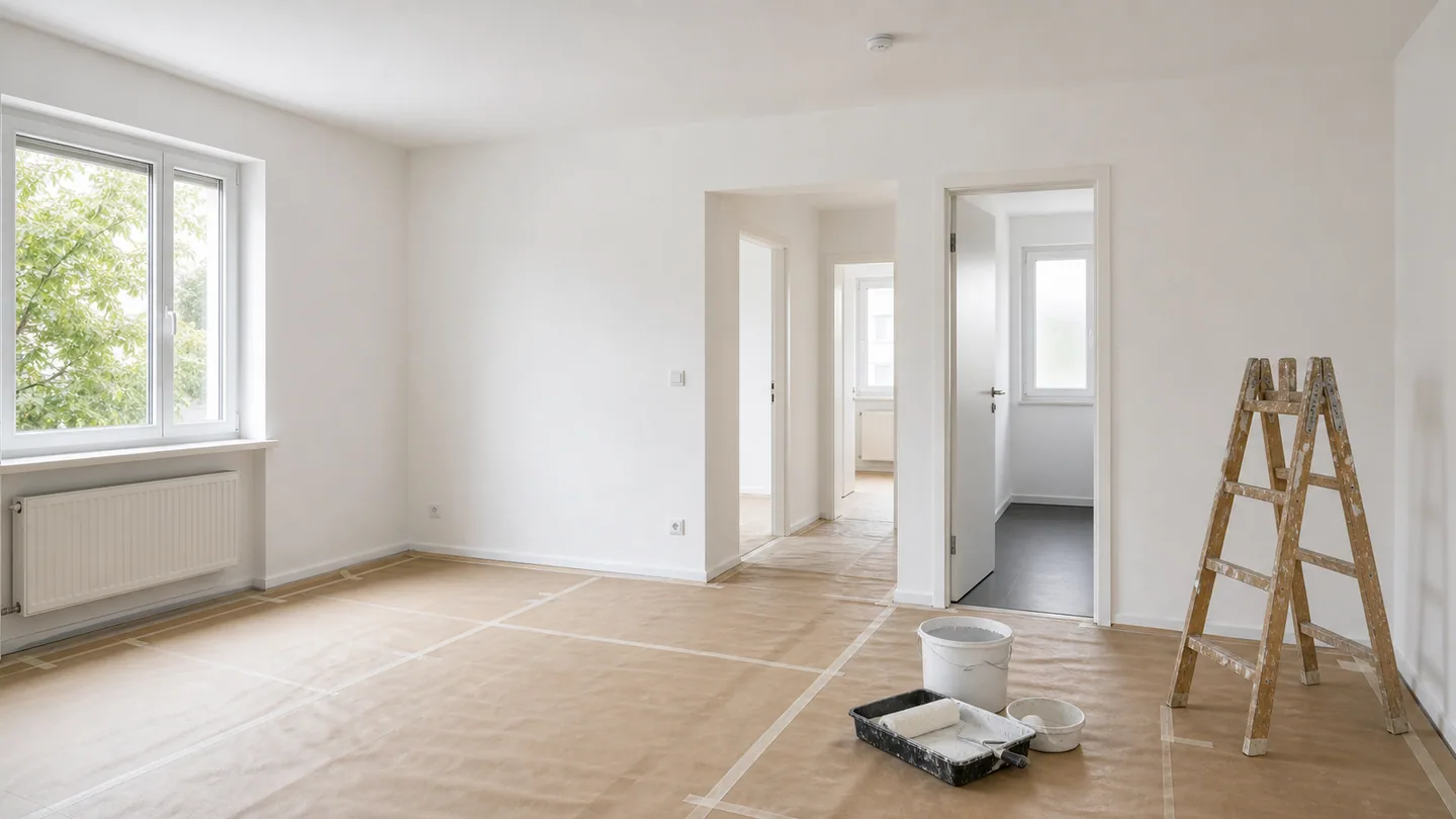 Malerarbeiten in einer hellen renovierten Wohnung als Beispiel für V&S ProfiBau
