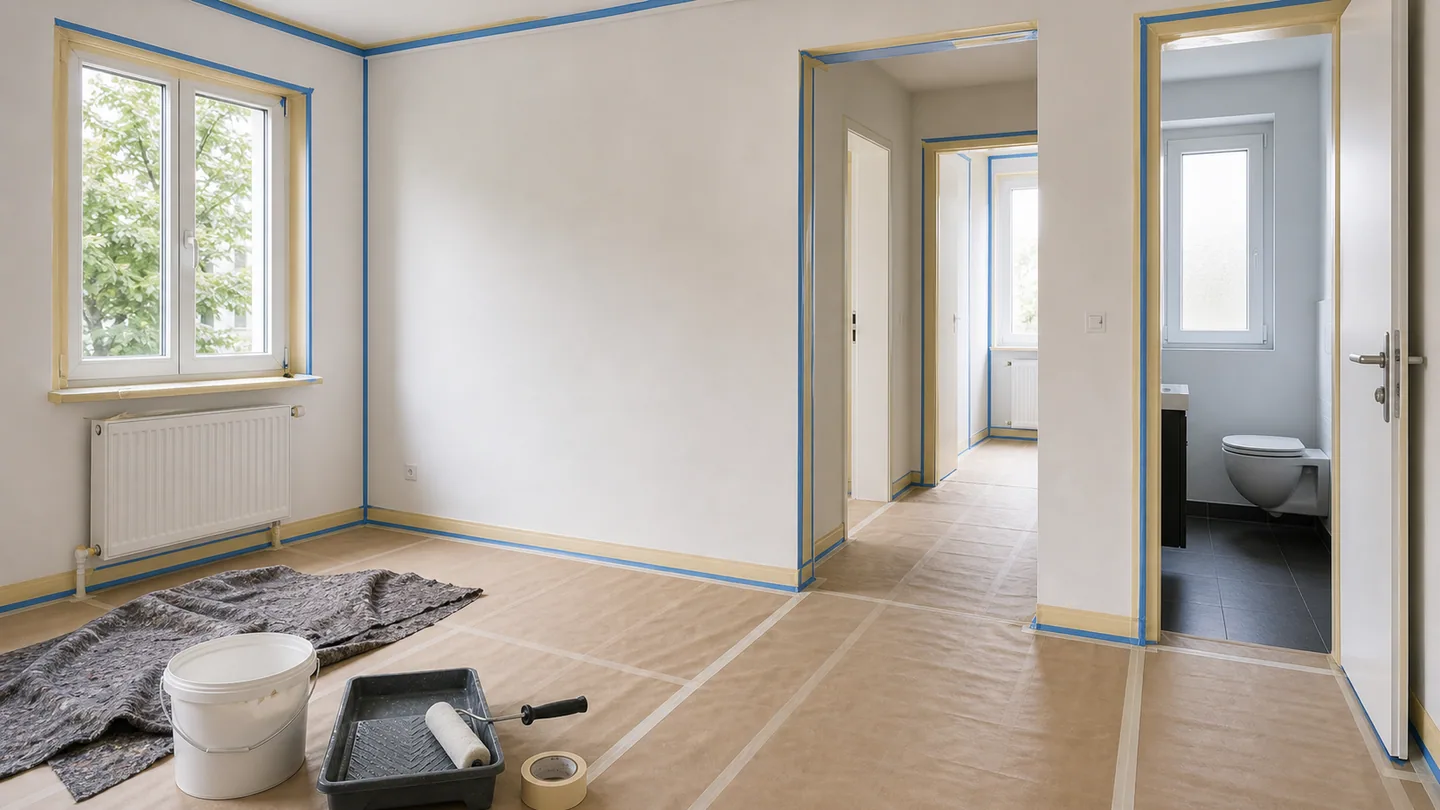 Abgeklebte Kanten und geschützter Boden vor Malerarbeiten
