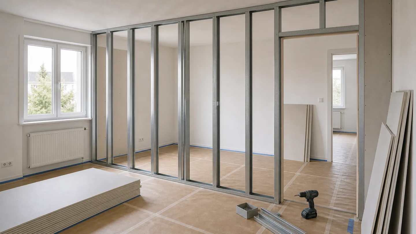 Trockenbauwand mit Ständerwerk als Beispiel für neue Raumaufteilung