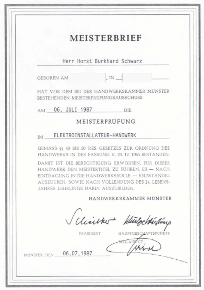 Redigierter Meisterbrief im Elektroinstallateur-Handwerk von Horst Burkhard Schwarz