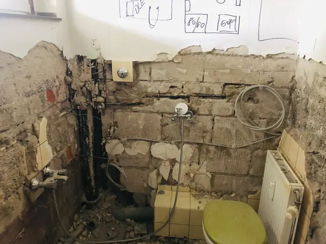 Referenzfoto im Album Alle: Echtes Referenzfoto eines Badezimmers im Rückbau mit freigelegter Sanitärwand