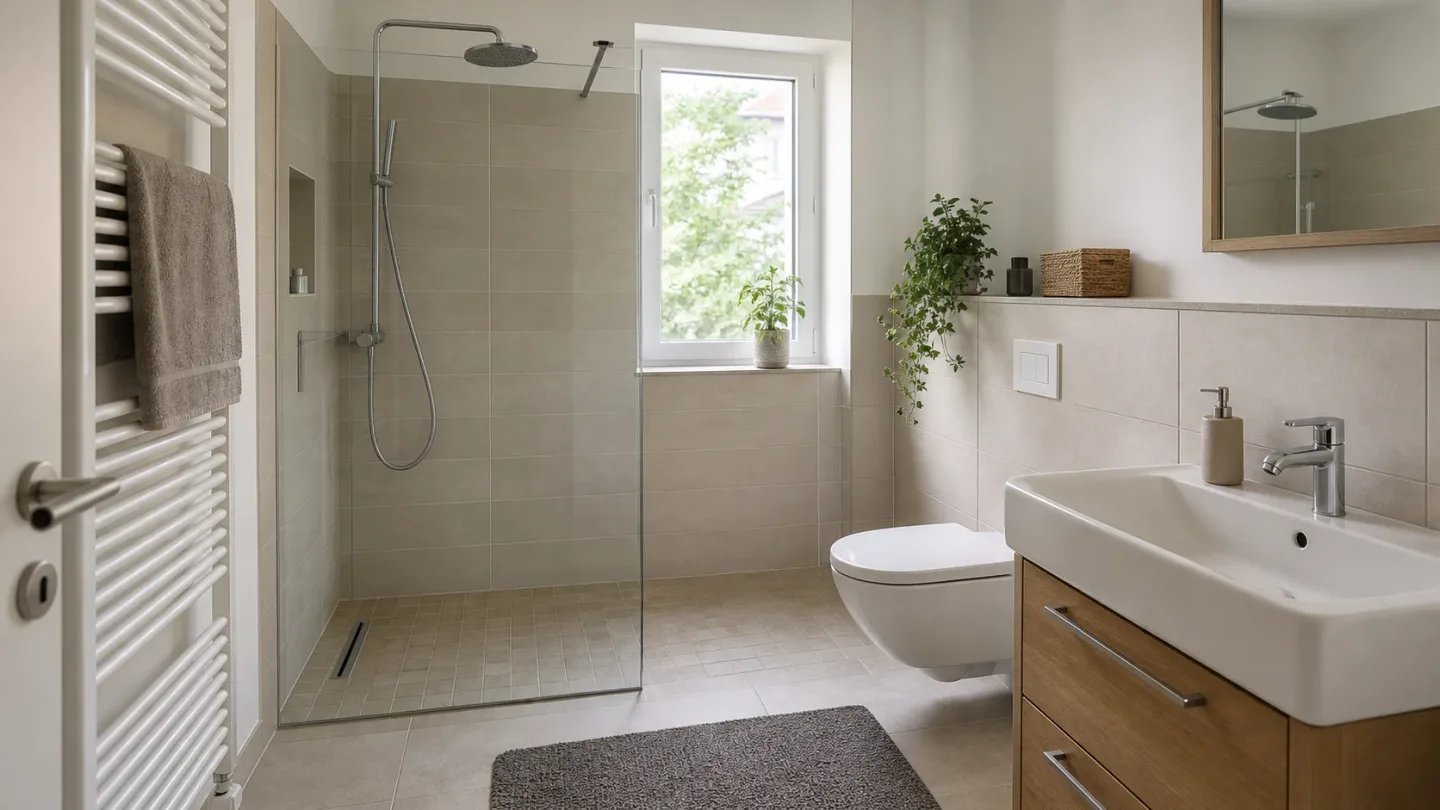 Bodennahe Dusche als Beispielvisualisierung für Kostenfaktor Badsanierung