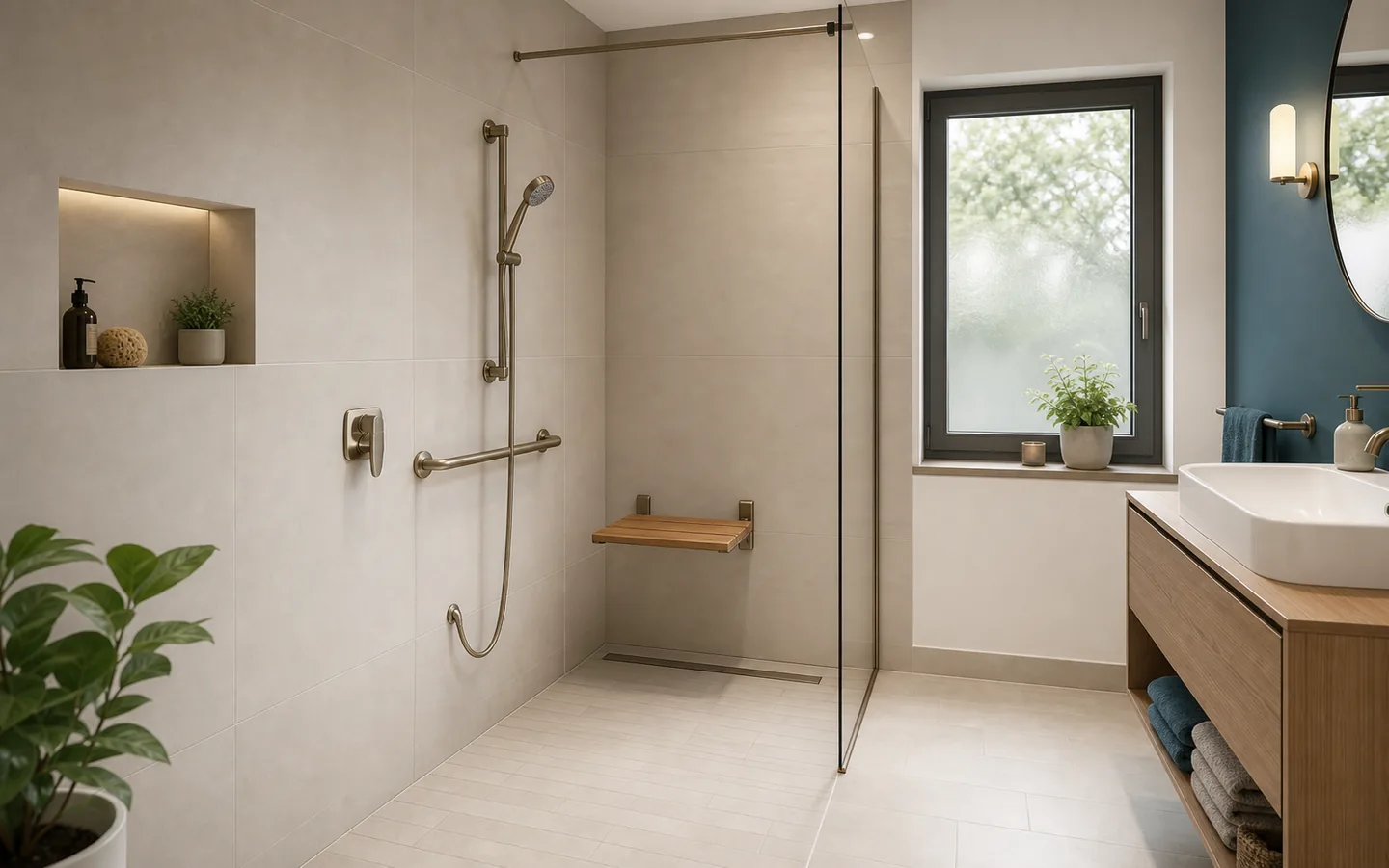 Barrierearme Dusche mit Haltegriff Duschsitz und bodennahem Einstieg als Visualisierung