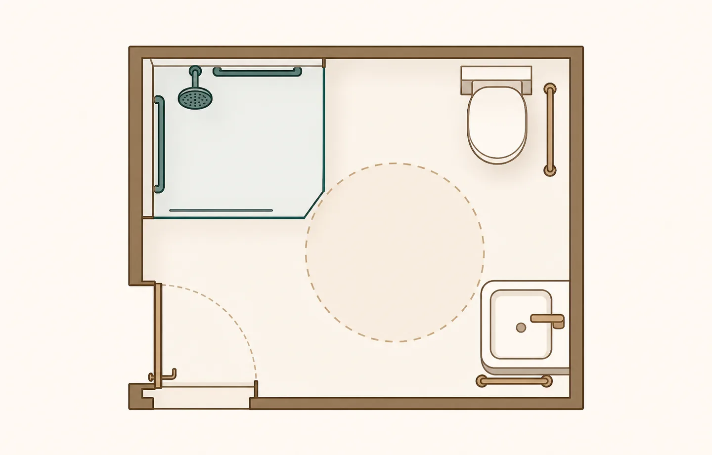 Schematischer Badgrundriss mit Dusche WC Waschtisch und Bewegungsfläche